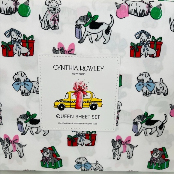 Cynthia Rowley Puppy Cheer Queen Size Sheet Set Presents Bows Ornaments Gifts - Picture 4 of 12